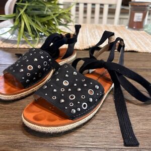 Lucky Brand Daytah Lace up Espadrille Sandals Ankle Wrap Studded Black Flats  6